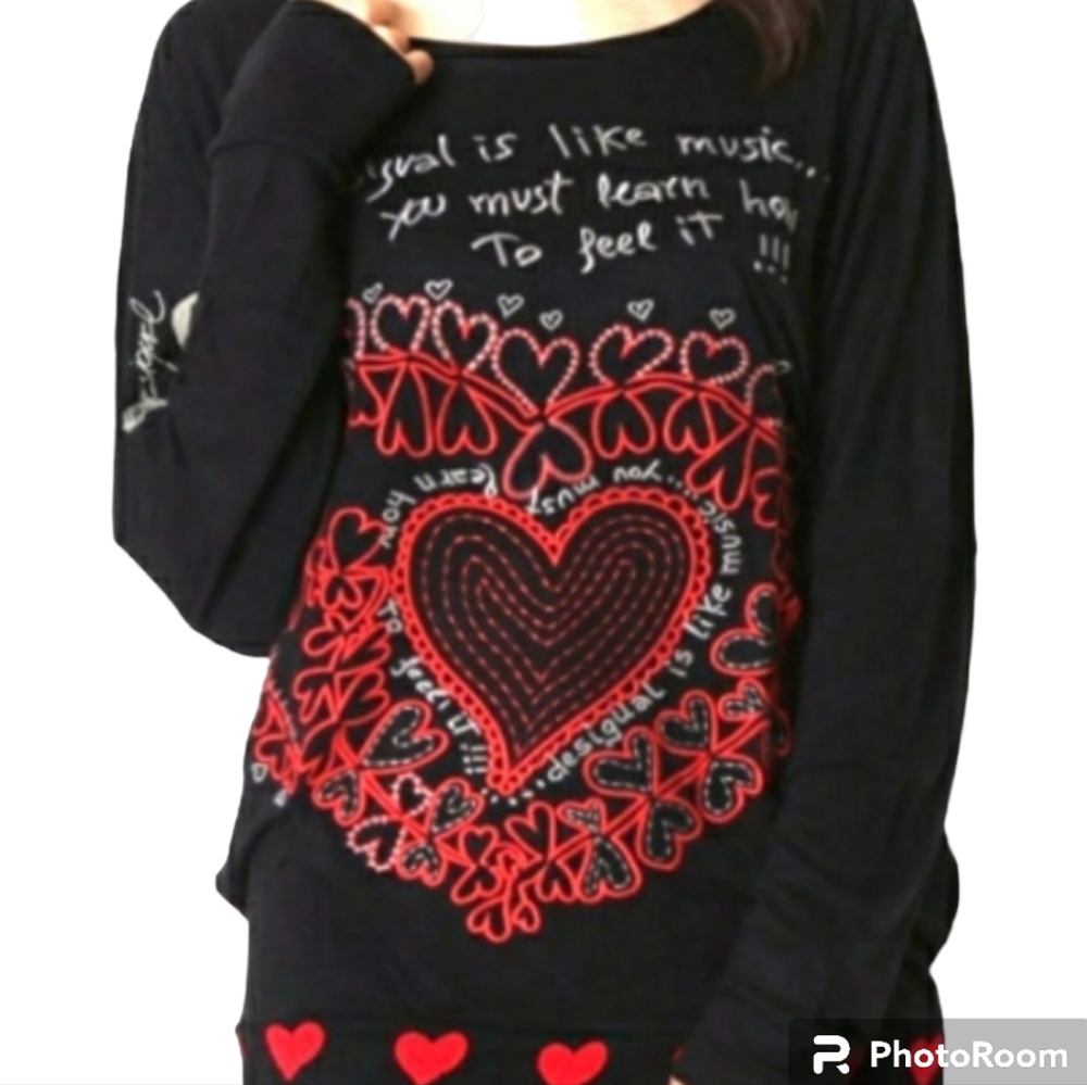Desigual Black Red Colorful Intricate Heart Top with embroidery